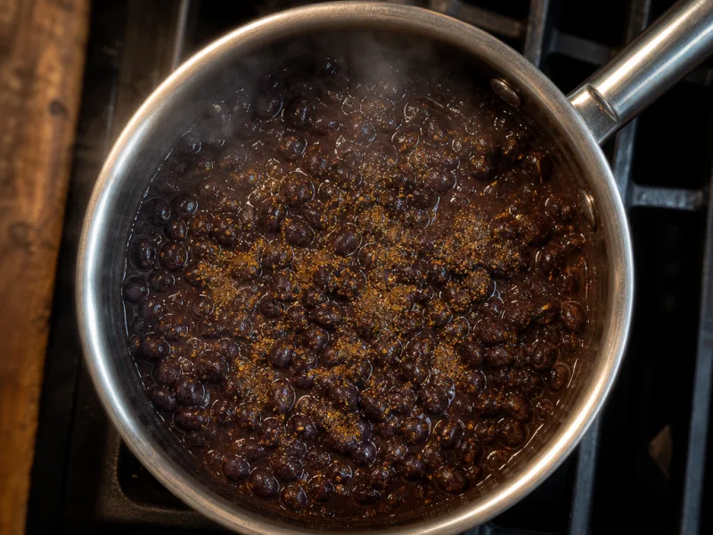 Simmering black beans with cumin in a small saucepan on stove