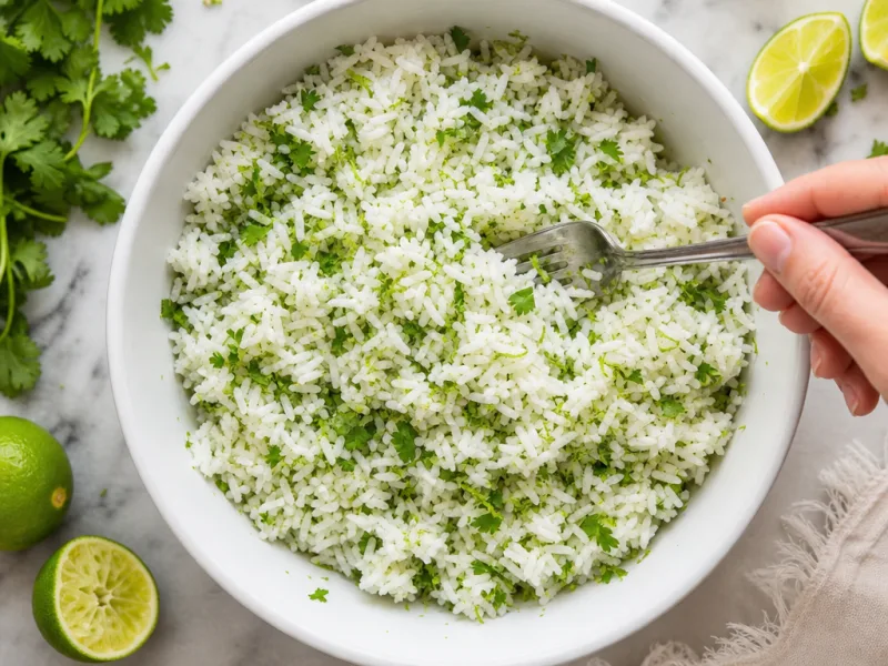 Mixing chopped cilantro and lime juice into fluffy white rice in a bowl
