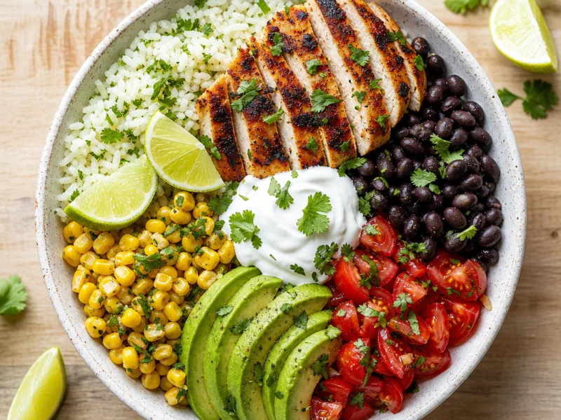 Finished chicken burrito bowl with rice grilled chicken avocado and toppings in a bowl