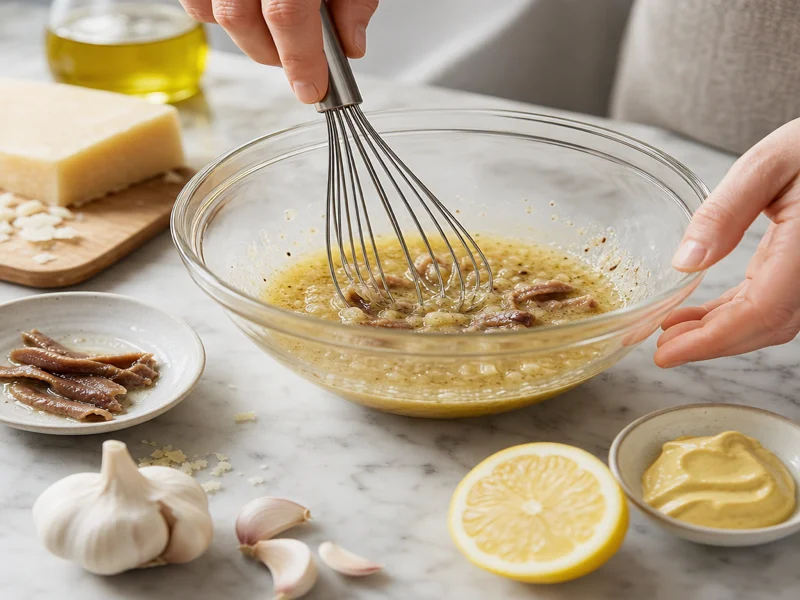 Anchovis, Knoblauch, Zitronensaft und Senf für Caesar-Dressing in einer Schüssel verrühren