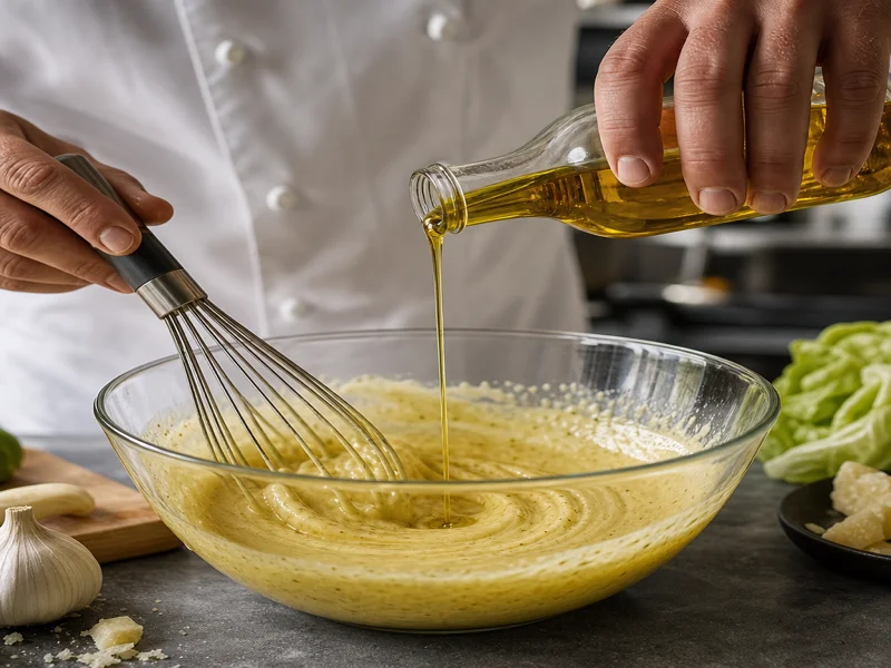 Olivenöl unter Rühren in das Caesar-Dressing träufeln, um zu emulgieren