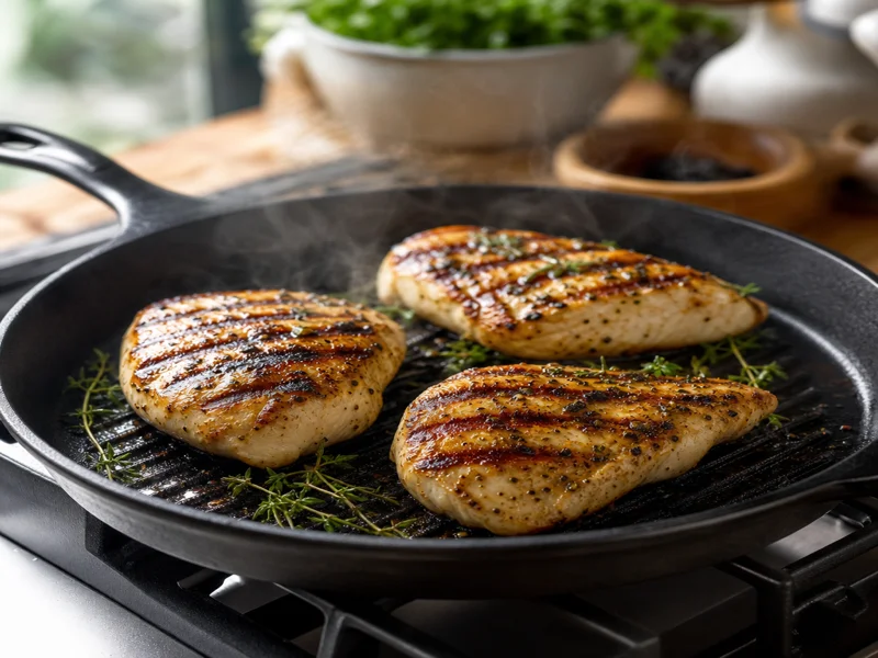 Hähnchenbrust in der Gusseisenpfanne grillen, bis sie goldbraun mit Grillstreifen ist