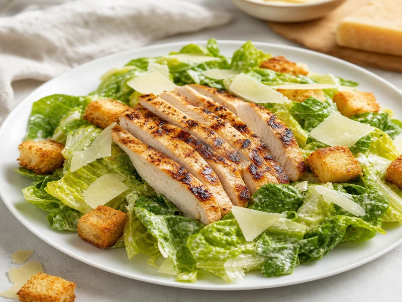 Fertiger Caesar-Salat mit gegrillter Hähnchenbrust, Croûtons und Parmesan auf Römersalat