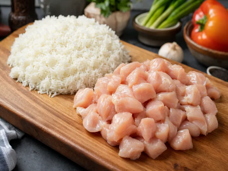 Petto di pollo crudo a dadini e riso jasmine freddo del giorno prima su un tagliere