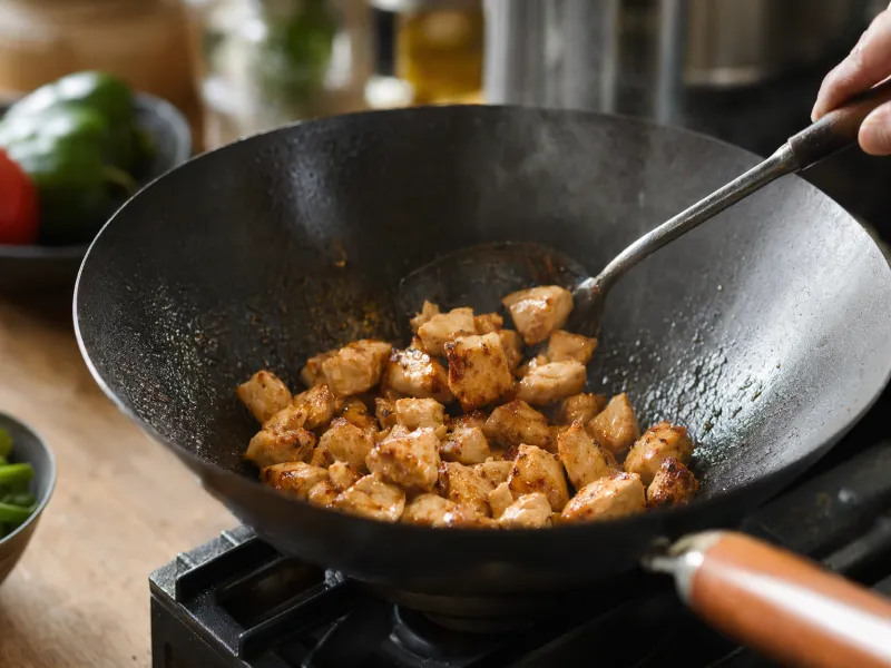 Saltare il pollo a dadini nel wok a fuoco alto fino a doratura