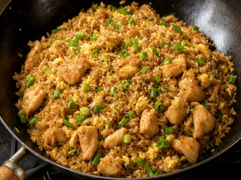 Riso saltato al pollo finito con glassatura di salsa di soia, cipollotto e sesamo nel wok