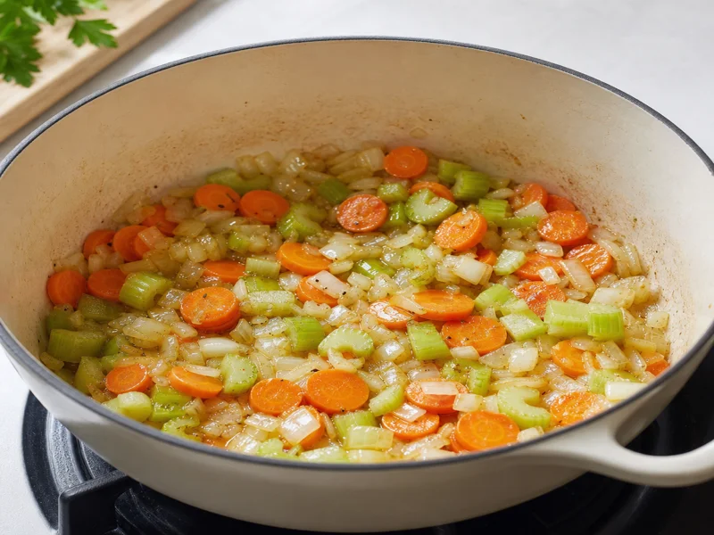 Onion, carrots and celery sautéing in olive oil in a large pot
