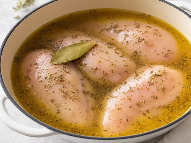 Chicken broth and whole chicken breasts added to the pot with herbs