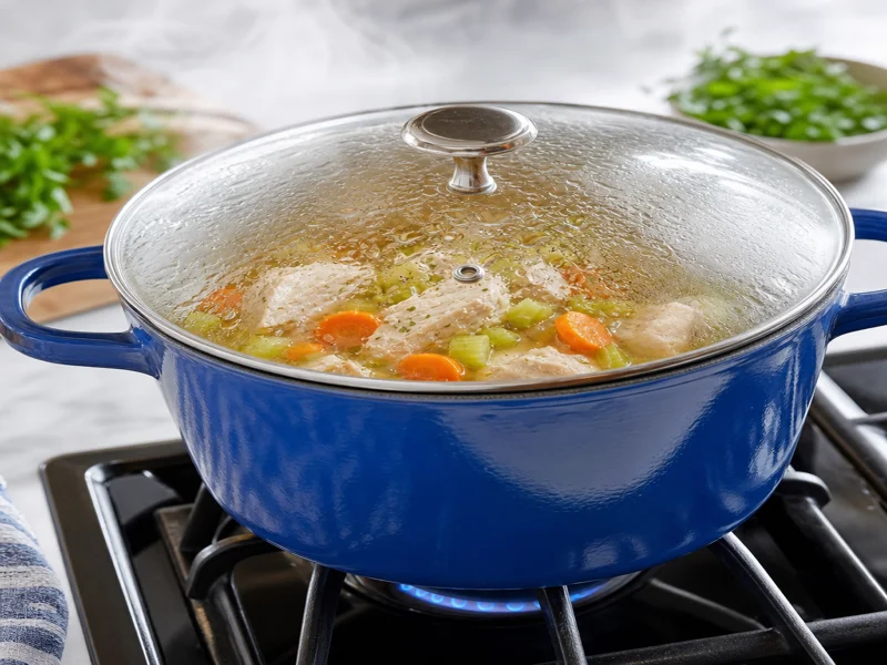 Covered pot of chicken soup simmering gently on the stove