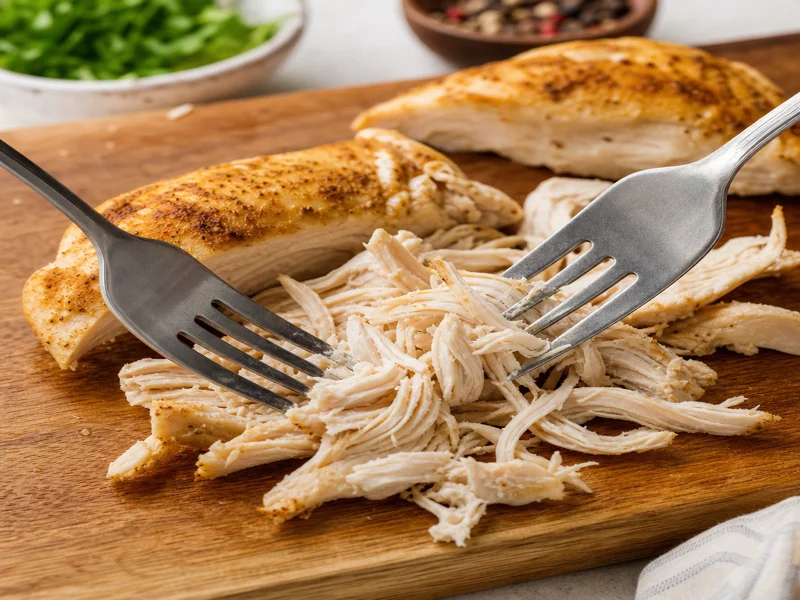 Shredding cooked chicken breasts with two forks on a cutting board