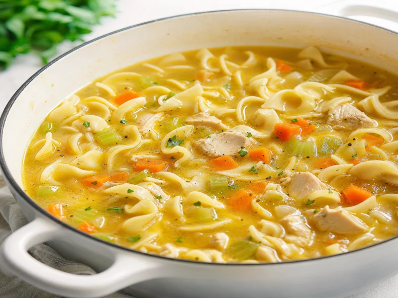 Egg noodles cooking in the simmering chicken soup