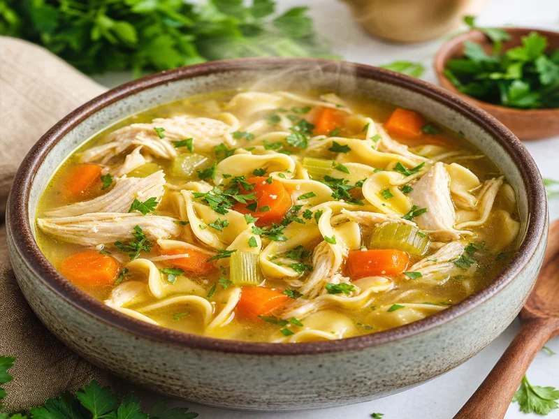Finished chicken noodle soup ladled into a bowl, garnished with parsley