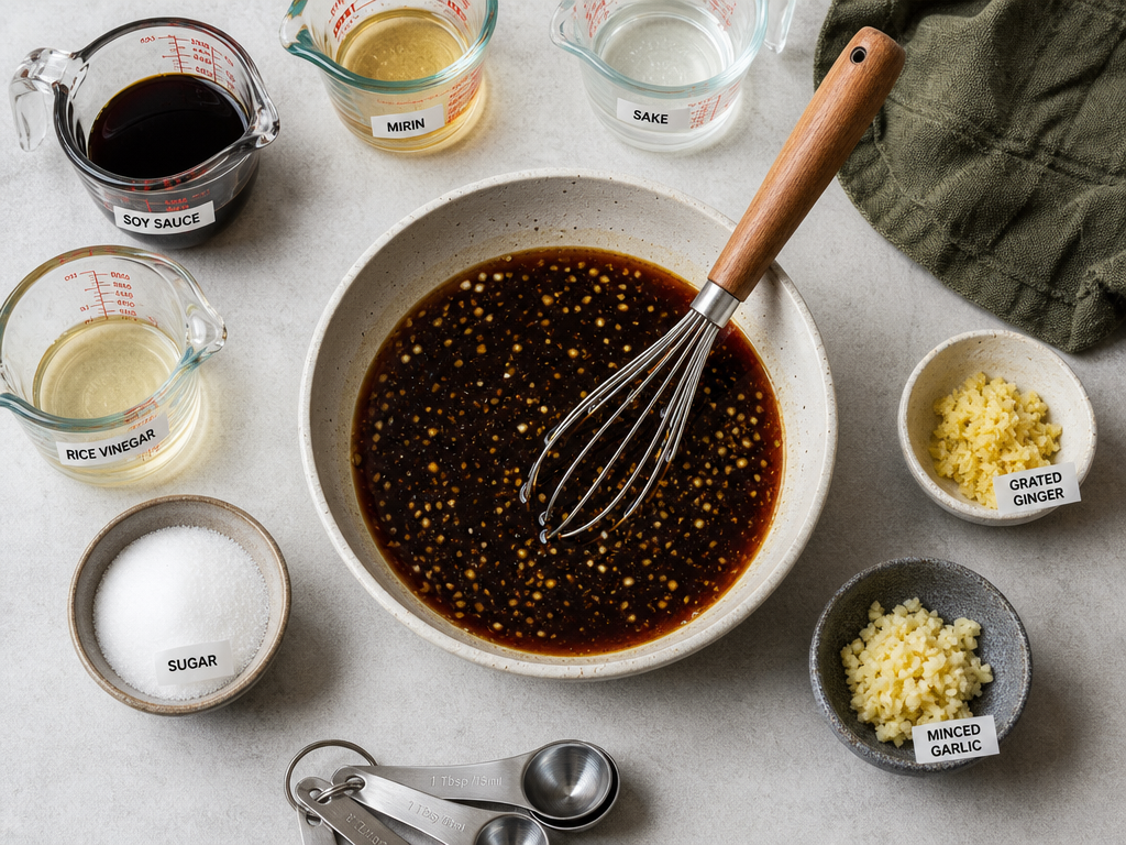Mixing teriyaki sauce ingredients in a bowl