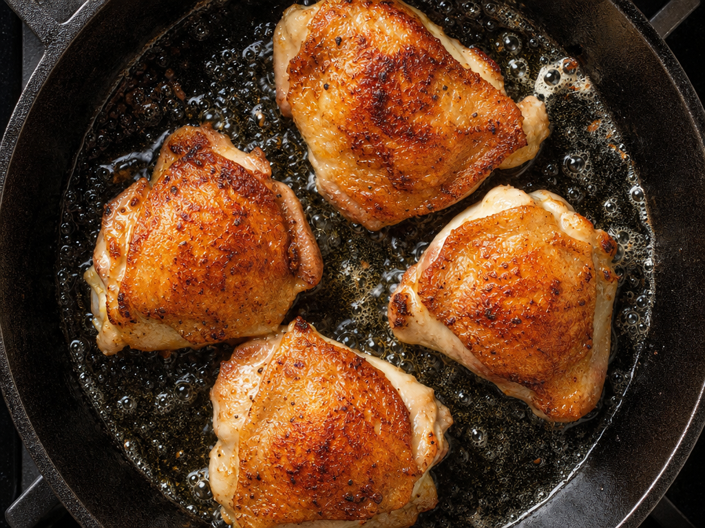 Searing chicken thighs in skillet until golden