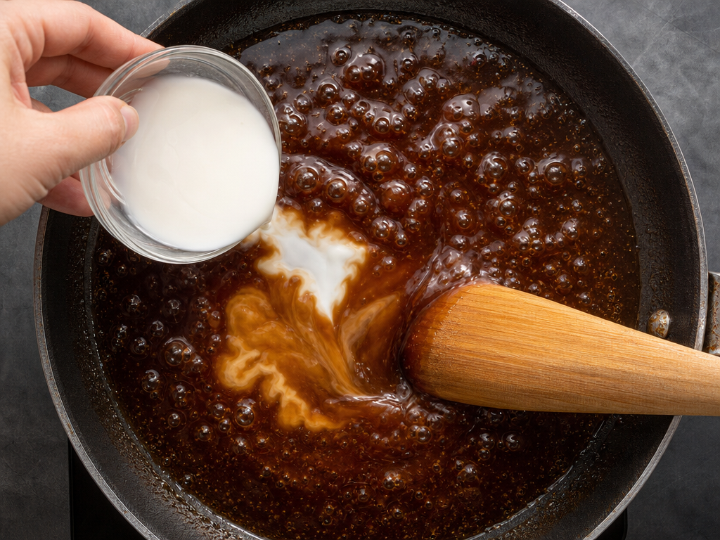 Simmering teriyaki sauce in skillet