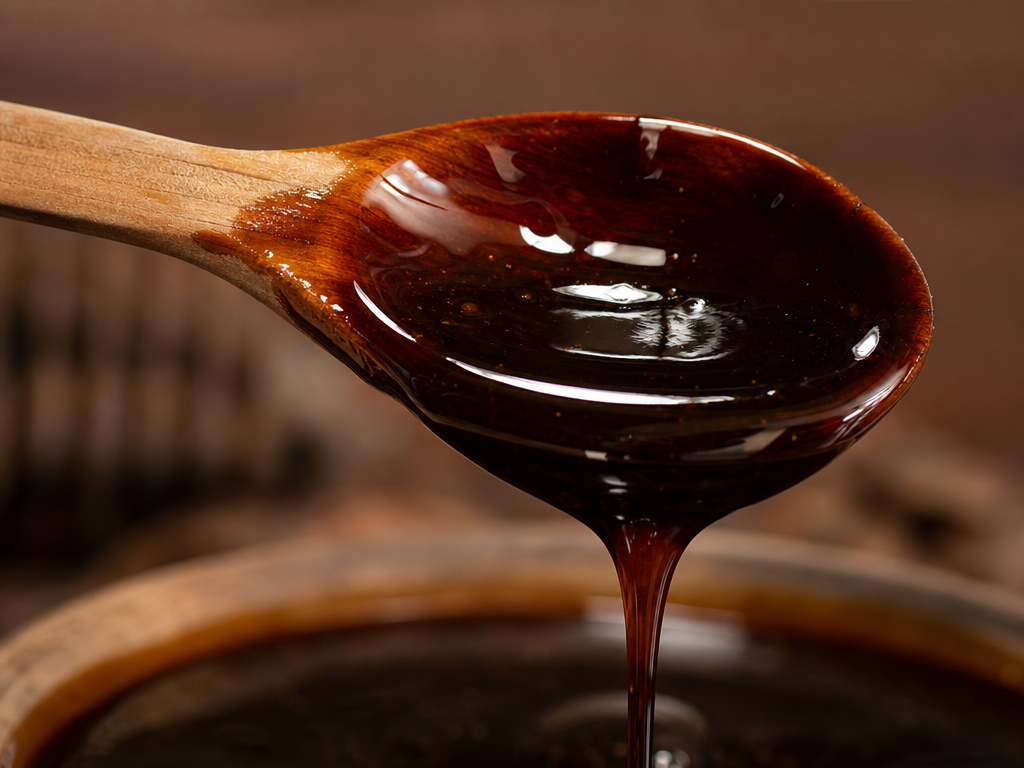Thick glossy teriyaki sauce coating a spoon