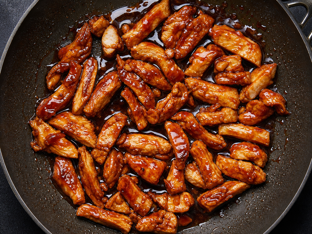 Slicing chicken and coating with teriyaki sauce