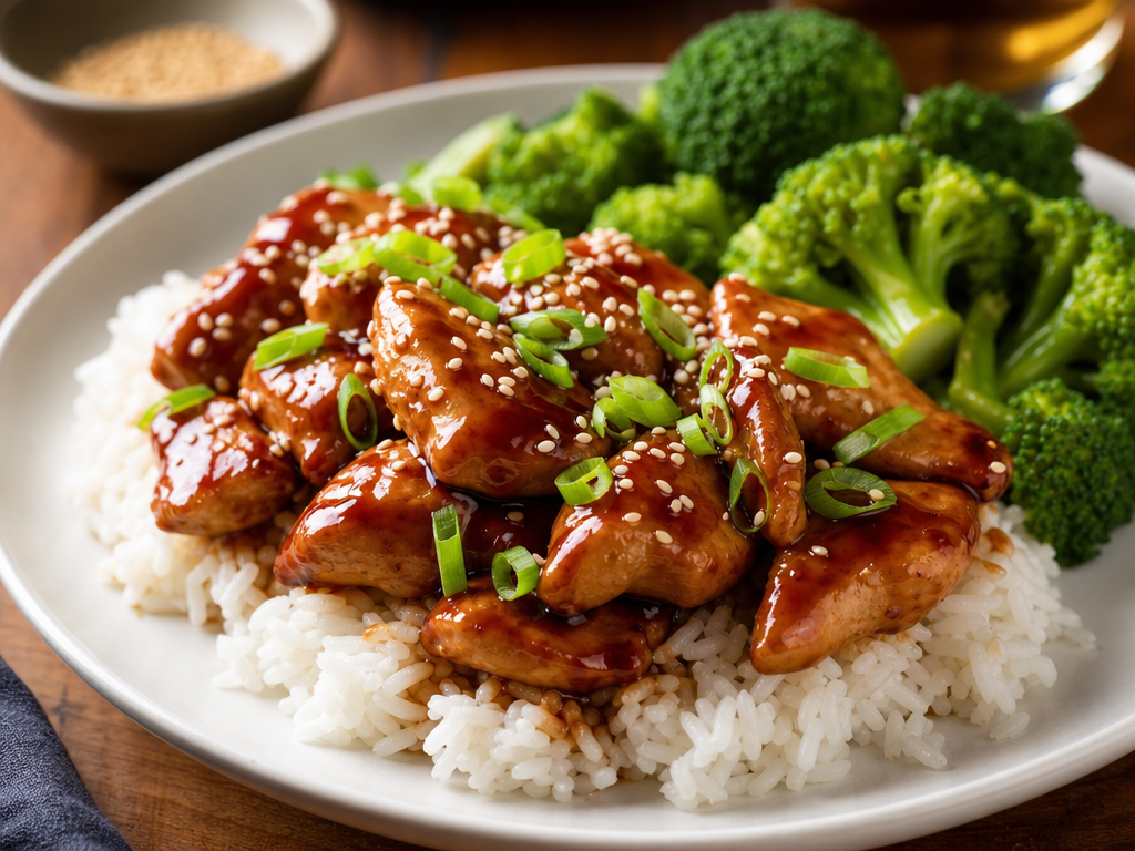Finished chicken teriyaki over rice with sesame seeds and green onions