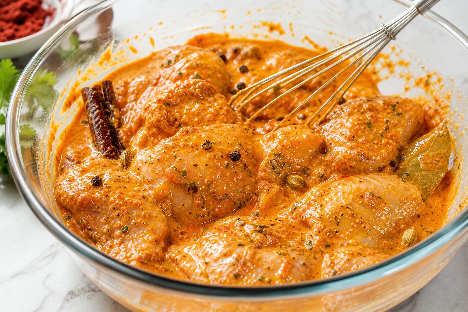 Chicken thigh pieces marinating in spiced orange yogurt mixture in a glass bowl