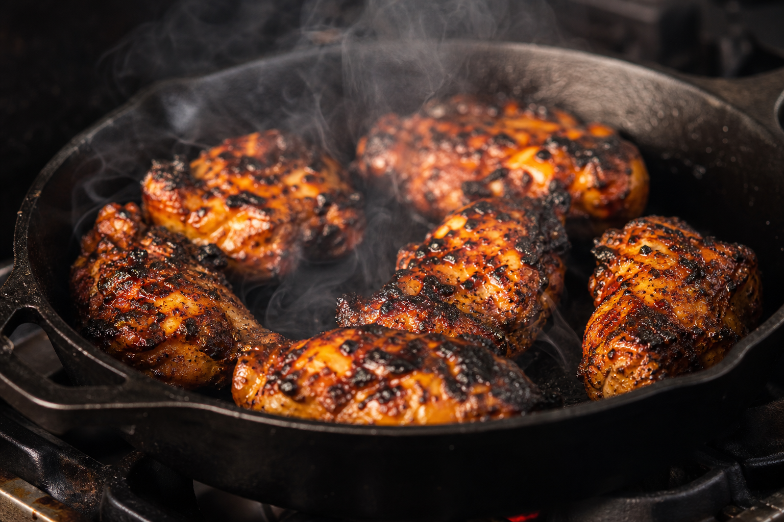 Charred marinated chicken pieces sizzling in a cast iron skillet with dark edges
