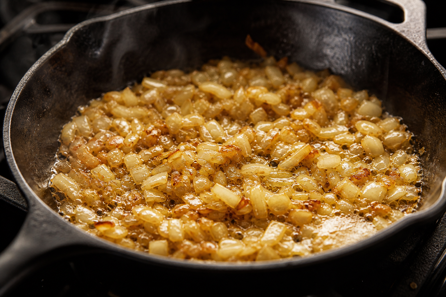 Diced yellow onion cooking in melted butter in a skillet until golden brown