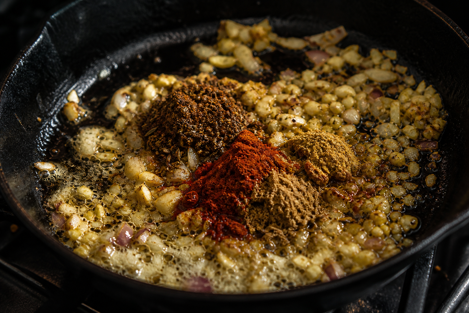 Ground spices being toasted in butter with onion garlic and ginger in a skillet