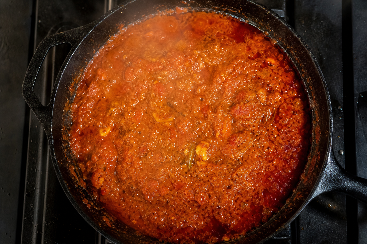 Tomato curry sauce simmering in a skillet with oil separating at the edges