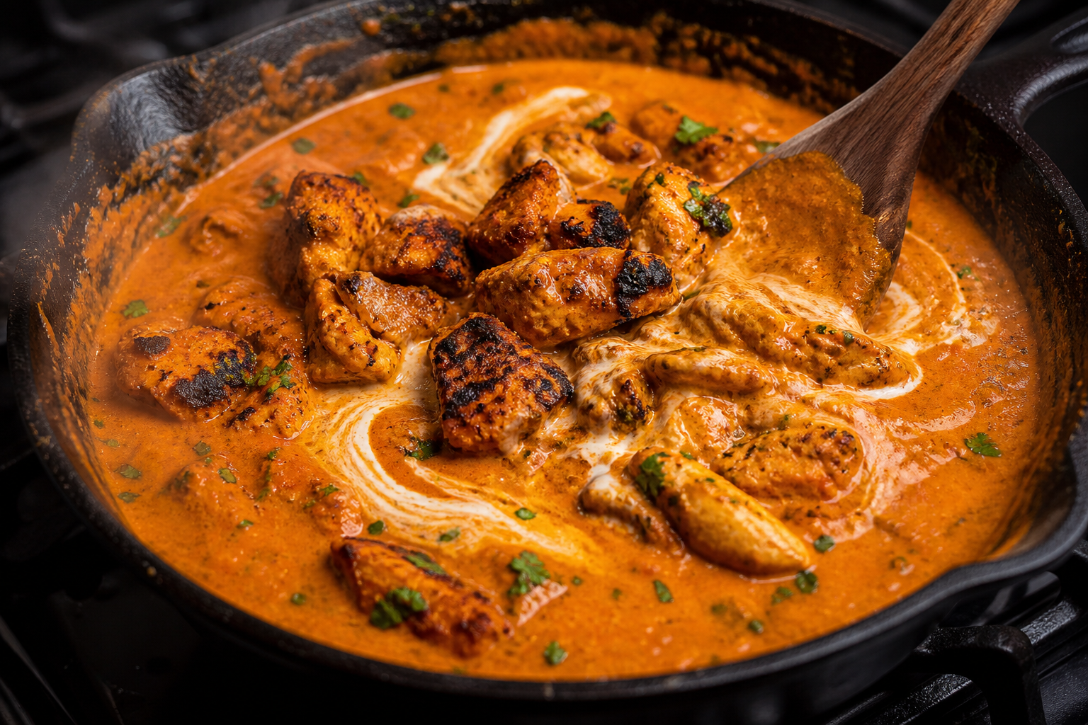Creamy orange tikka masala sauce with charred chicken pieces being stirred in a skillet