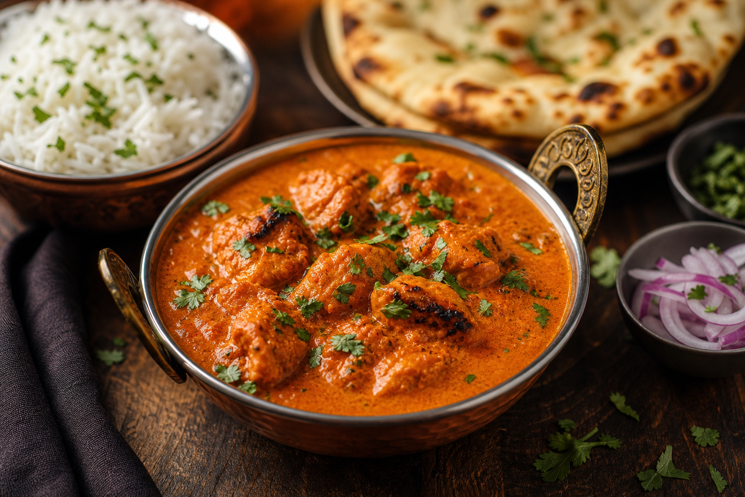 Finished chicken tikka masala in a bowl garnished with cilantro served with basmati rice and naan