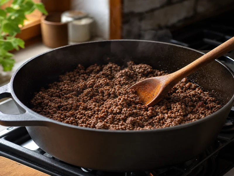 Ground beef browning and crumbling in a large Dutch oven on the stove