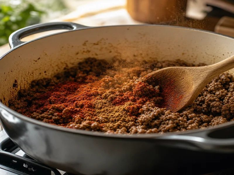 Chili powder and ground cumin being stirred into beef to bloom the spices