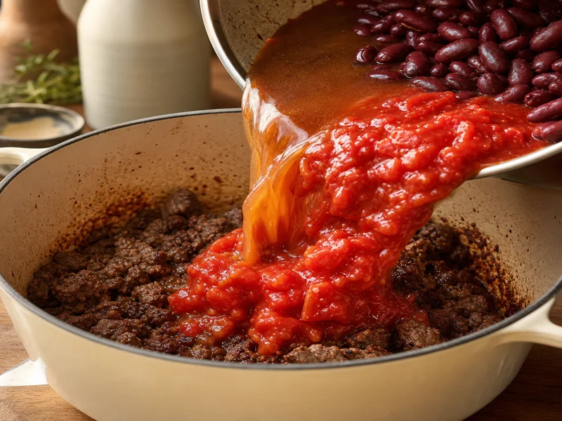 Crushed tomatoes, broth and beans being added to the pot of chili