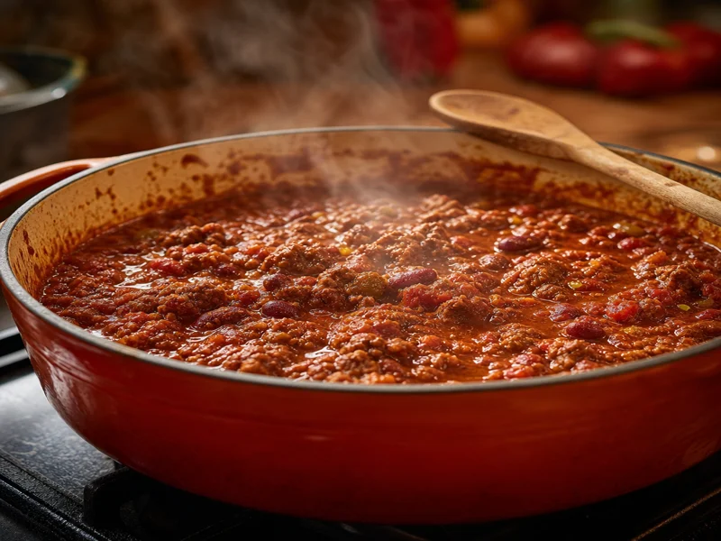 Thick beef chili gently simmering uncovered in a Dutch oven with steam rising