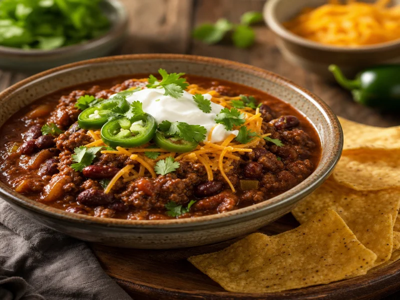Bowl of classic beef chili topped with cheddar cheese and sour cream