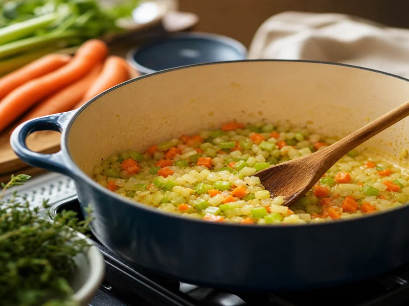 Diced onion, celery and carrots softening in melted butter in a Dutch oven