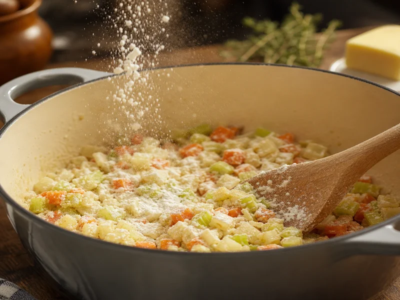 Flour being stirred into buttered vegetables to form a sandy roux