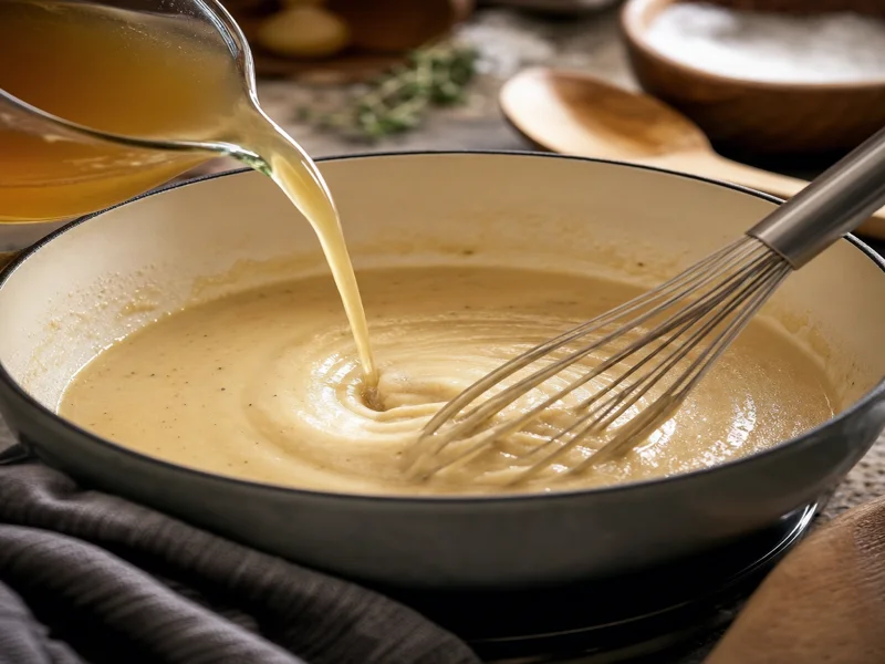 Chicken broth being whisked into the roux to make a thick cream sauce