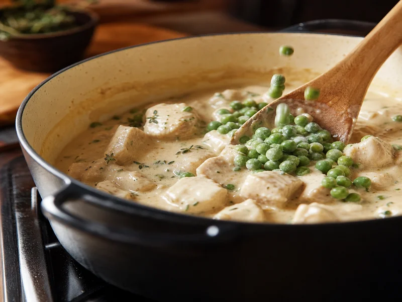 Cubed chicken simmering in creamy sauce with peas being stirred in
