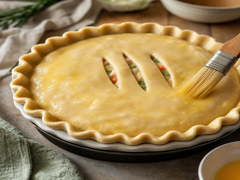 Chicken pot pie assembled with top crust, egg wash and steam vents cut before baking