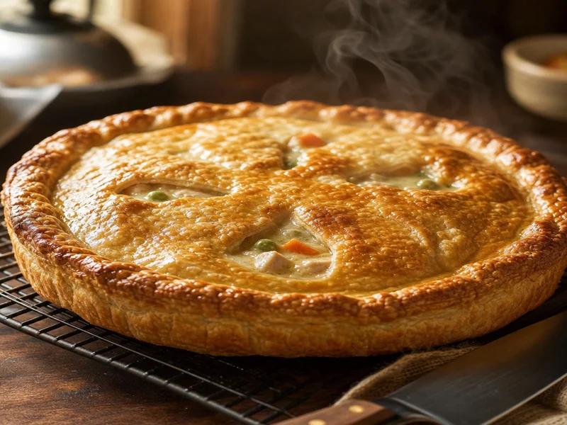 Golden baked chicken pot pie with bubbling filling, resting before slicing