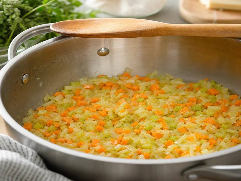 Diced onion, carrot and celery softened in olive oil in a pot