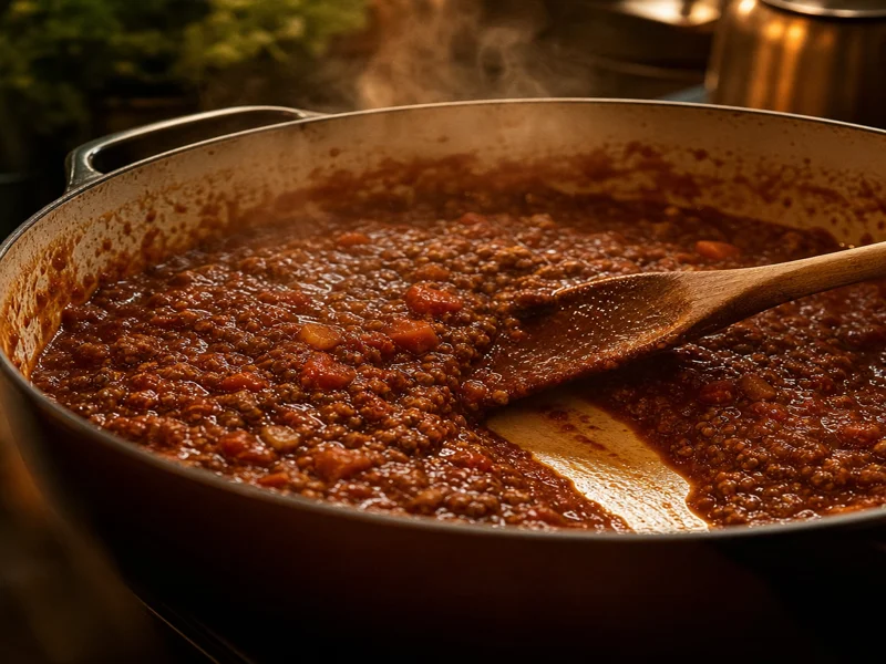 Thick beef ragu simmering in a pot, spoon leaving a clean trail