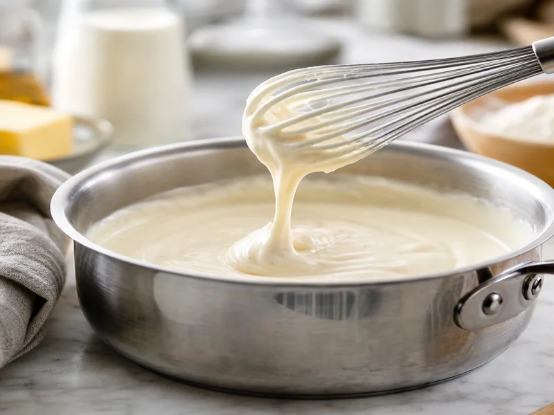 Creamy béchamel sauce whisked smooth in a saucepan