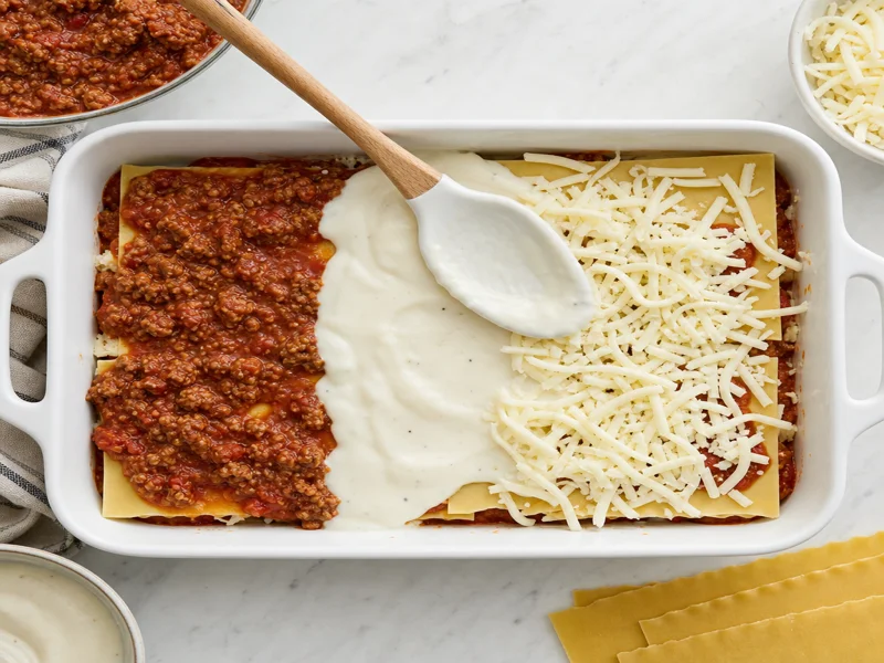 Assembled lasagna layers of pasta, ragu and béchamel in a baking dish