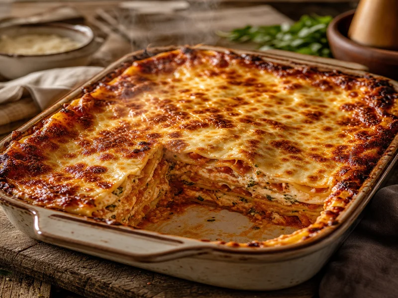 Golden baked lasagna cut into clean squares in the baking dish