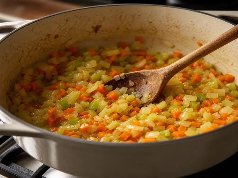 Finely diced onion carrot and celery soffritto softening in olive oil in a Dutch oven