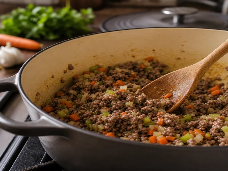 Ground beef browning with soffritto and garlic in a heavy pot stirred with a wooden spoon