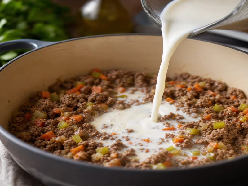 Whole milk being added to ground beef and soffritto in a Dutch oven for Bolognese sauce