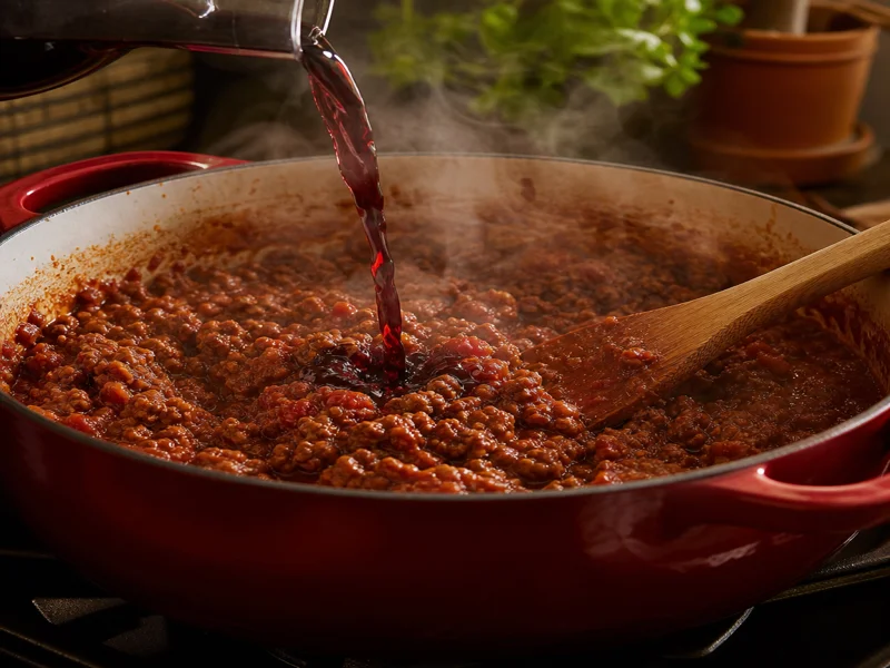 Red wine simmering with browned beef and tomato paste in a heavy pot