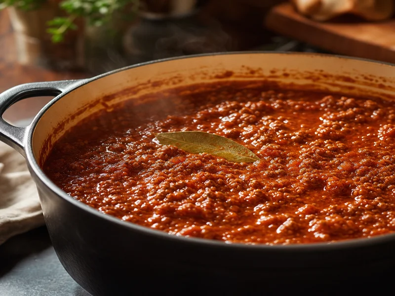 Rich Bolognese sauce simmering low and slow in a Dutch oven turning thick and glossy